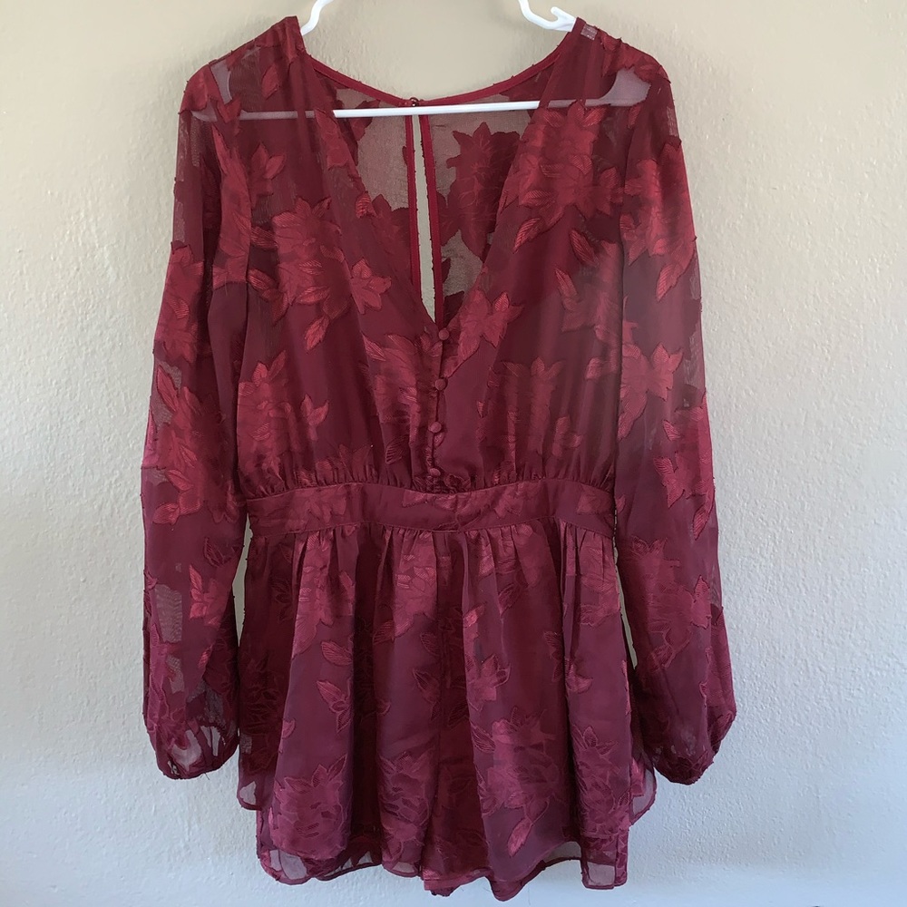 Burgundy Embroidered Long Sleeve Romper
